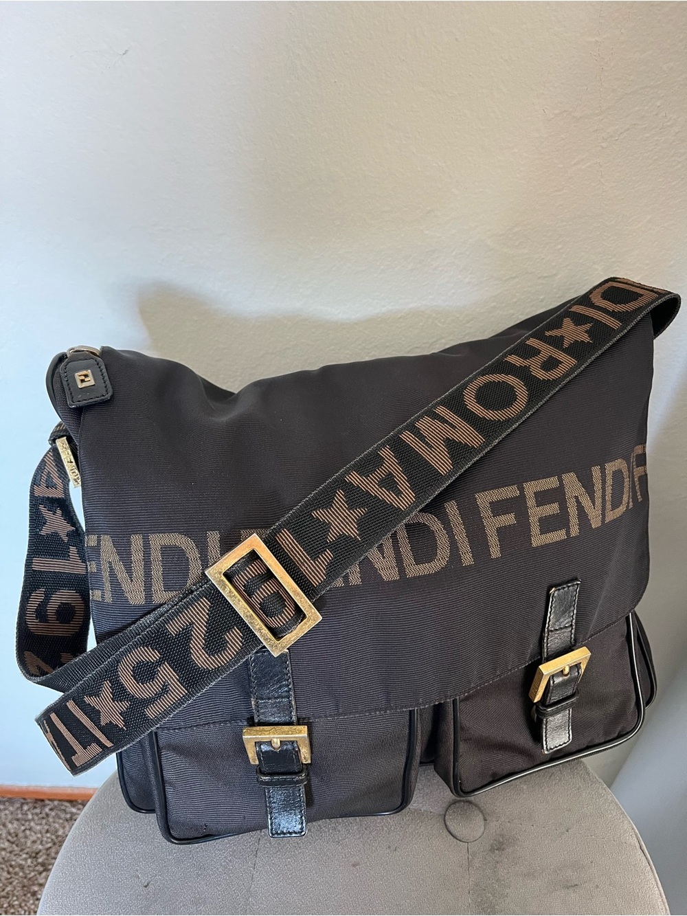 Fendi Black Canvas Messenger Bag with Logo Strap